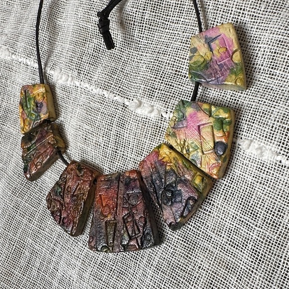 Artisan Handcrafted Multicolor Mosaic Tile Inspired Tribal Sculpted Necklace EUC - Picture 16 of 16